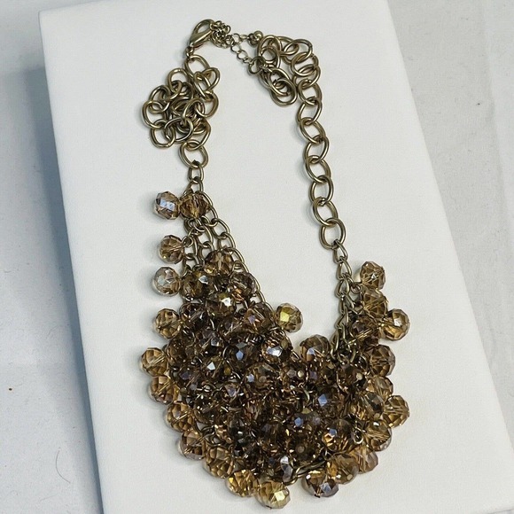 Vintage Gold Tone Crystal Beads Statement Bib Necklace Shimmery Dramatic Party - Picture 7 of 8